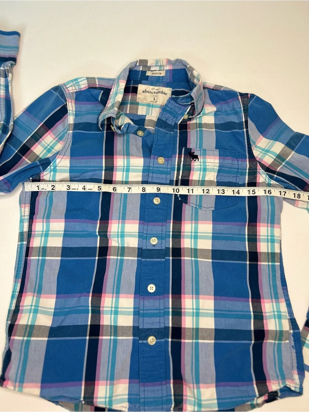 Vintage Y2K Abercrombie Kids Plaid Button Down Shirt Blue Pink Muscle Fit L